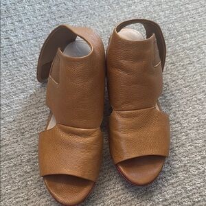 Naya Tan Leather Wedge Booties Open Toe